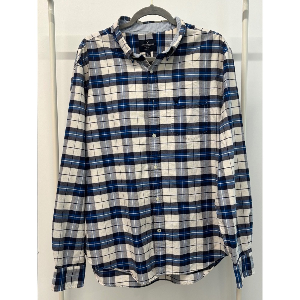 American Eagle Mens XL Classic Fit Plaid Button Down Shirt Blue White